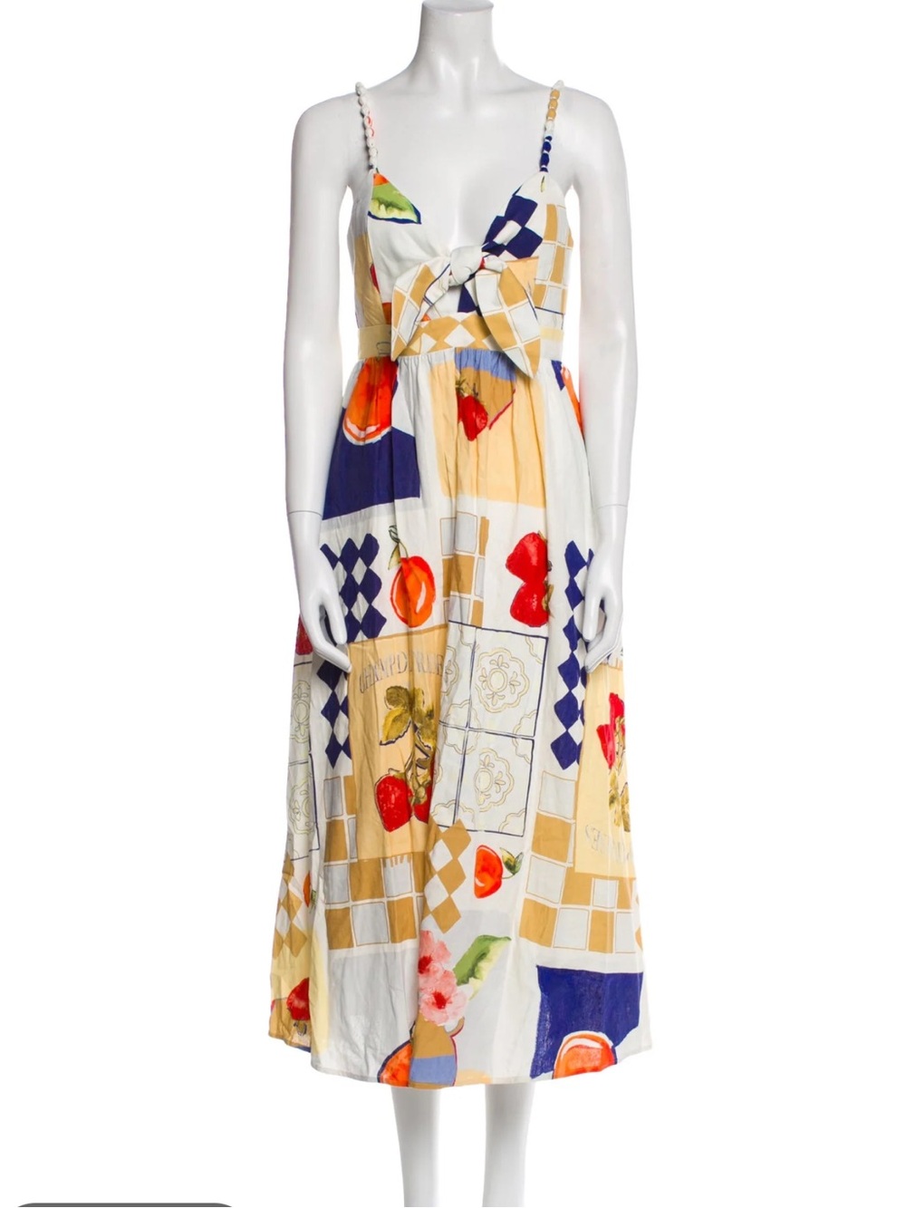 Caroline Constas Cream, Blue & Red Knot-Front Fruit Print Dress